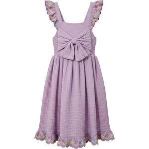 Blueberry Boulevard Girls Lavender Cotton Gauze Bow Dress Floral Embroidered 6X